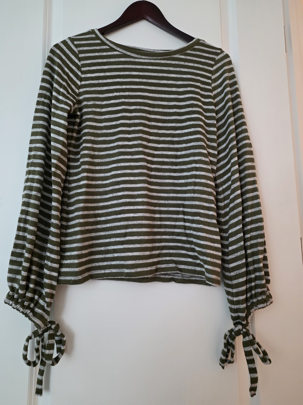 Olive Green & White Striped Long Sleeve Tie-Cuff Top